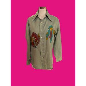 VTG Sage Green L/S Shirt with Art Deco/20s Themed Scene on Front + Back, Made in